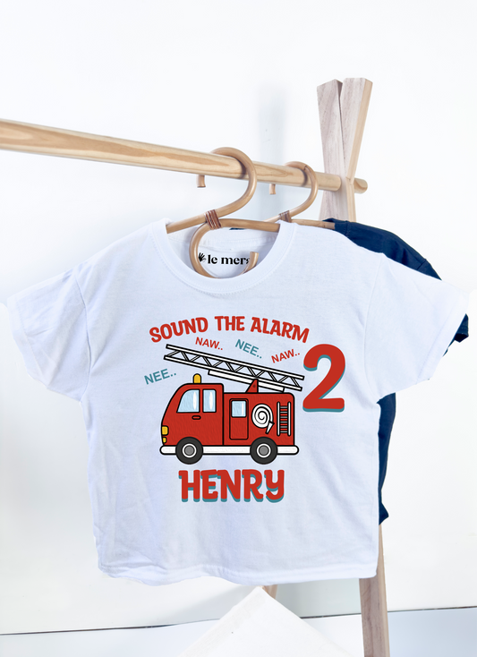 Sound The Alarm Birthday Kids T-Shirt, Fire Truck Birthday Shirt