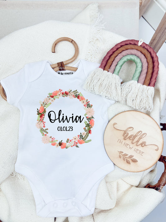 Personalised Floral Wreath Baby Vest, Baby Grow