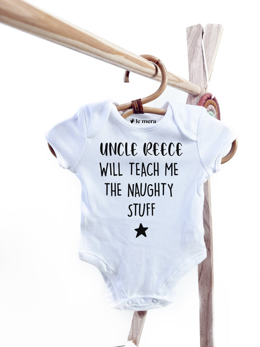 Personalised Uncle will teach me the Naughty stuff Baby Vest, Baby Grow