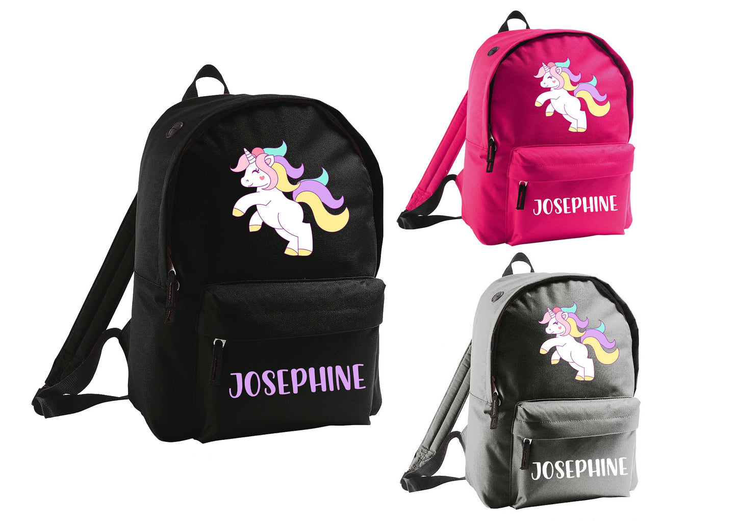 Personalised Unicorn Backpack, Any Name Girls Backpack, Pink Black Grey Unicorn Backpack, Back To School