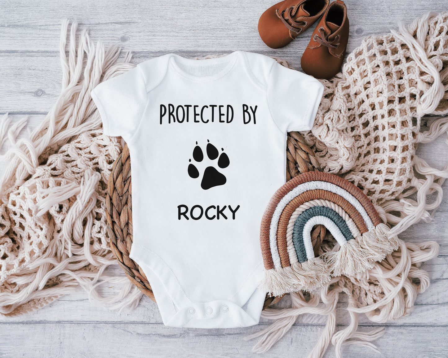 Protected By "Dog Name" Custom Dog Baby Vest, Baby Grow