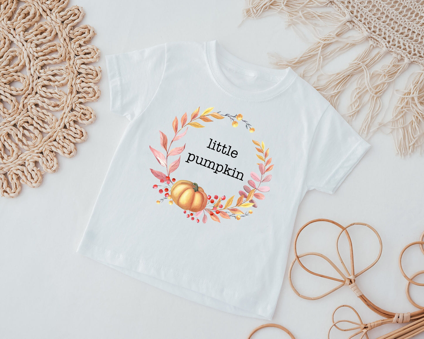 Little Pumpkin Fall Wreath Halloween Kids T-Shirt