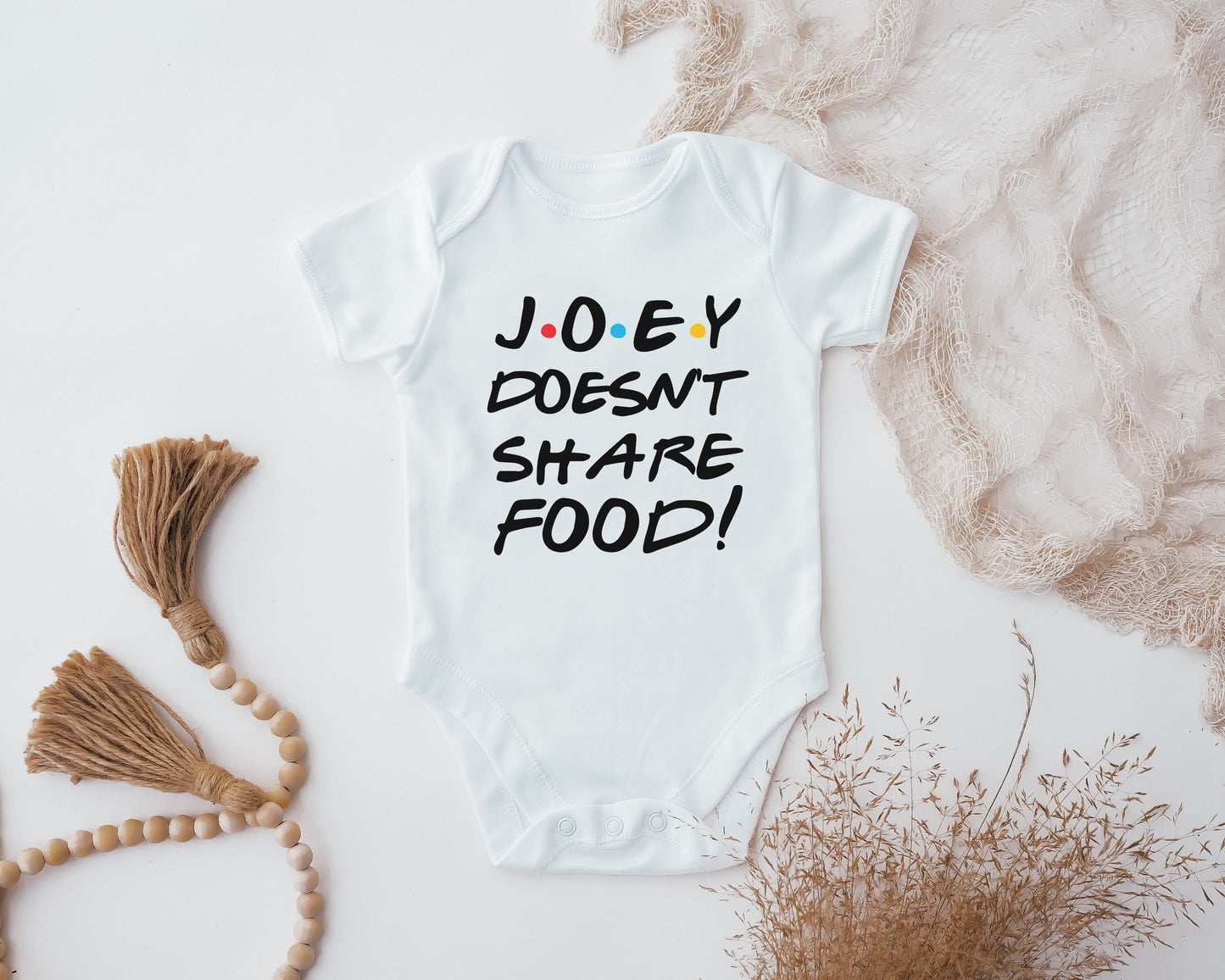 Personalised Joey Doesn't Share Food Baby Vest, Baby Grow, Friends