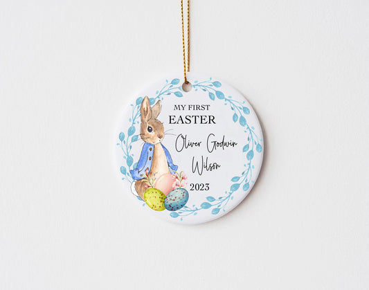 Personalised First Easter Rabbit Boy Blue Ceramic Ornament, Easter Plague