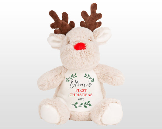 Personalised First Christmas Rudolf Reindeer Teddy, Reindeer Soft Toy, Baby Christmas Gift, Keepsake